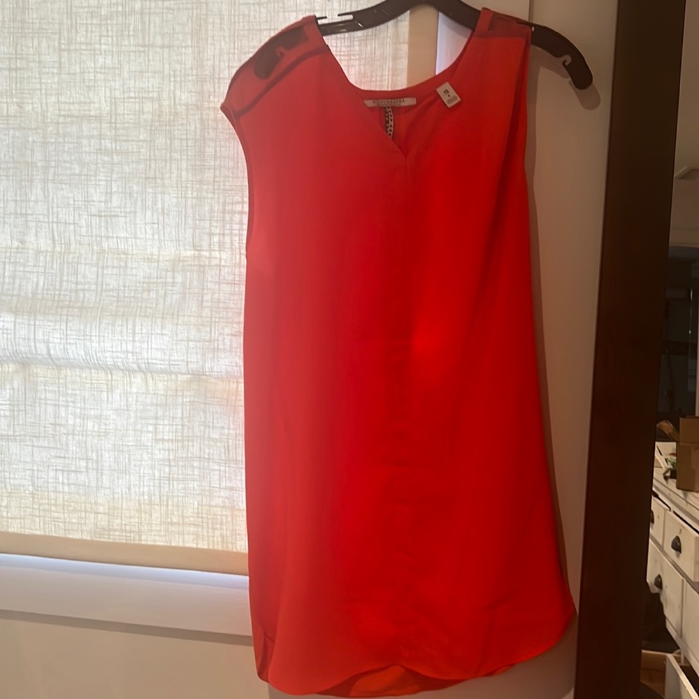 Scotch and soda (Amsterdam brand) orange dress, sheer in shoulder, pink trim